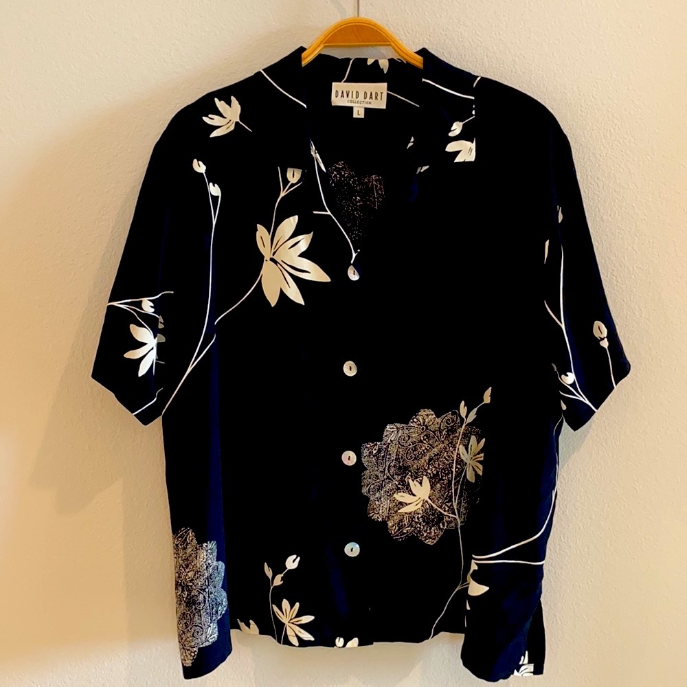 Black & Cream Flower-Print Rayon Relaxed Fit Camp Shirt